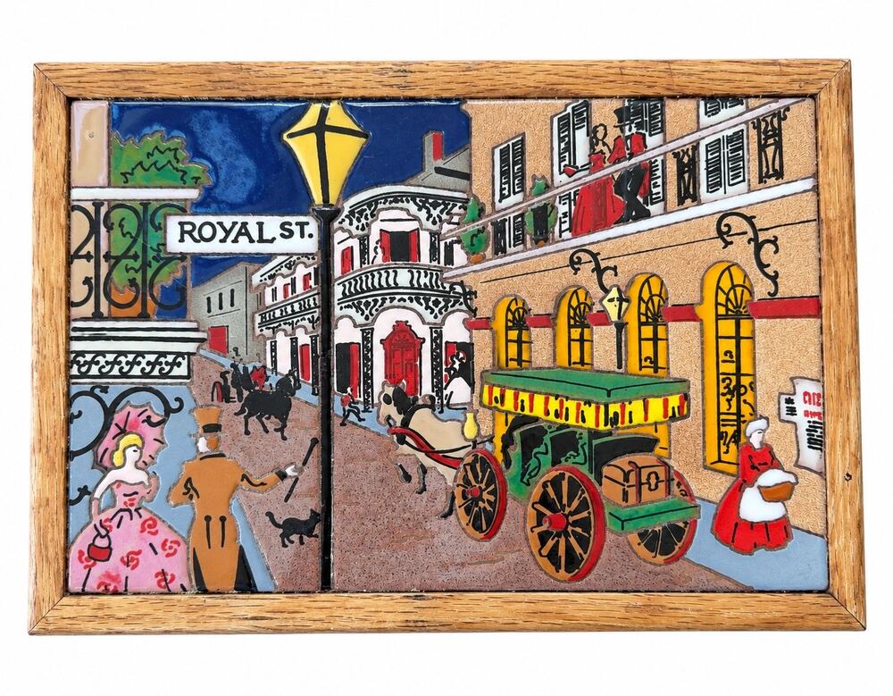 1990s A. Rius New Orleans Royal Street Hand‑Painted Ceramic Tile Art – Vintage